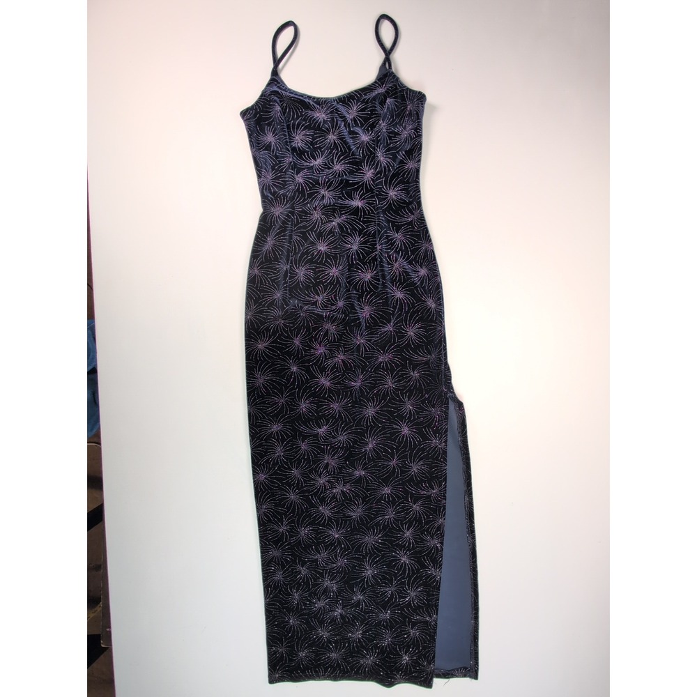 Jessica McClintock Vintage Velvet Glitter Starburst Maxi Dress Slit 3/4 - Picture 2 of 12